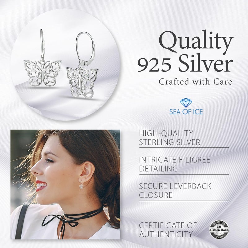 SEA OF ICE Sterling Silver Butterfly Earrings Filigree Dainty Dangle Drop Leverback â€“ Filigree Earing pure 925 Sterling Silver - Sterling Silver Earrings for Women - Image 5